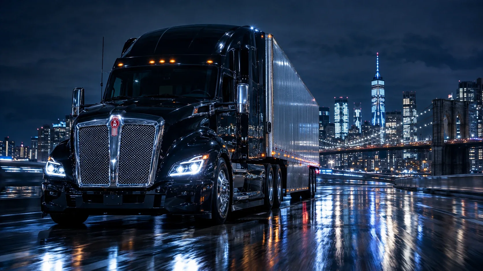 A black semi truck on a wet road at night, with the New York skyline and the Brooklyn Bridge behind it